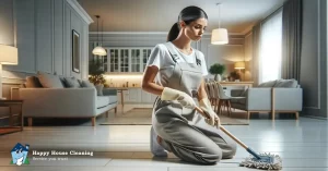 A cleaning lady using a mop to clean a living room floor.
