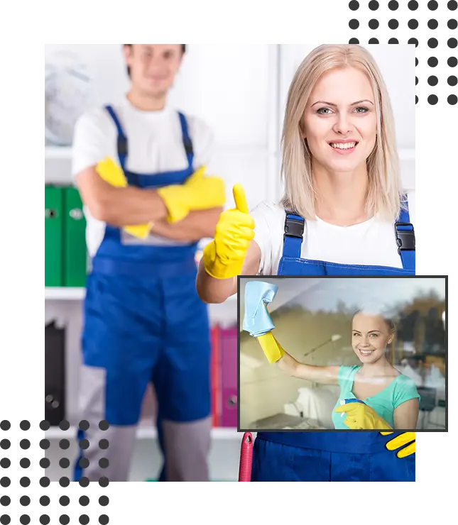 Woman With Yellow Gloves Thumbs Up and Cleaner Guy Behind